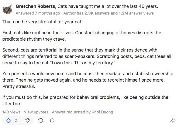 Quora post explaining why sharing a cat between homes is a bad idea