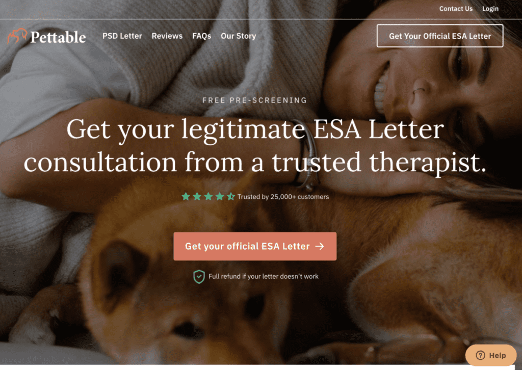 A screenshot of Pettable’s homepage where you can get a legitimate ESA letter consultation from a therapist online