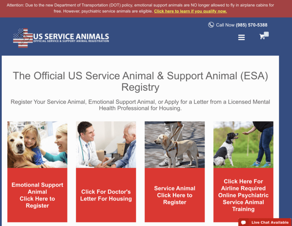A screenshot of US Service Animals’ homepage where you can get a legitimate ESA letter consultation from a therapist online