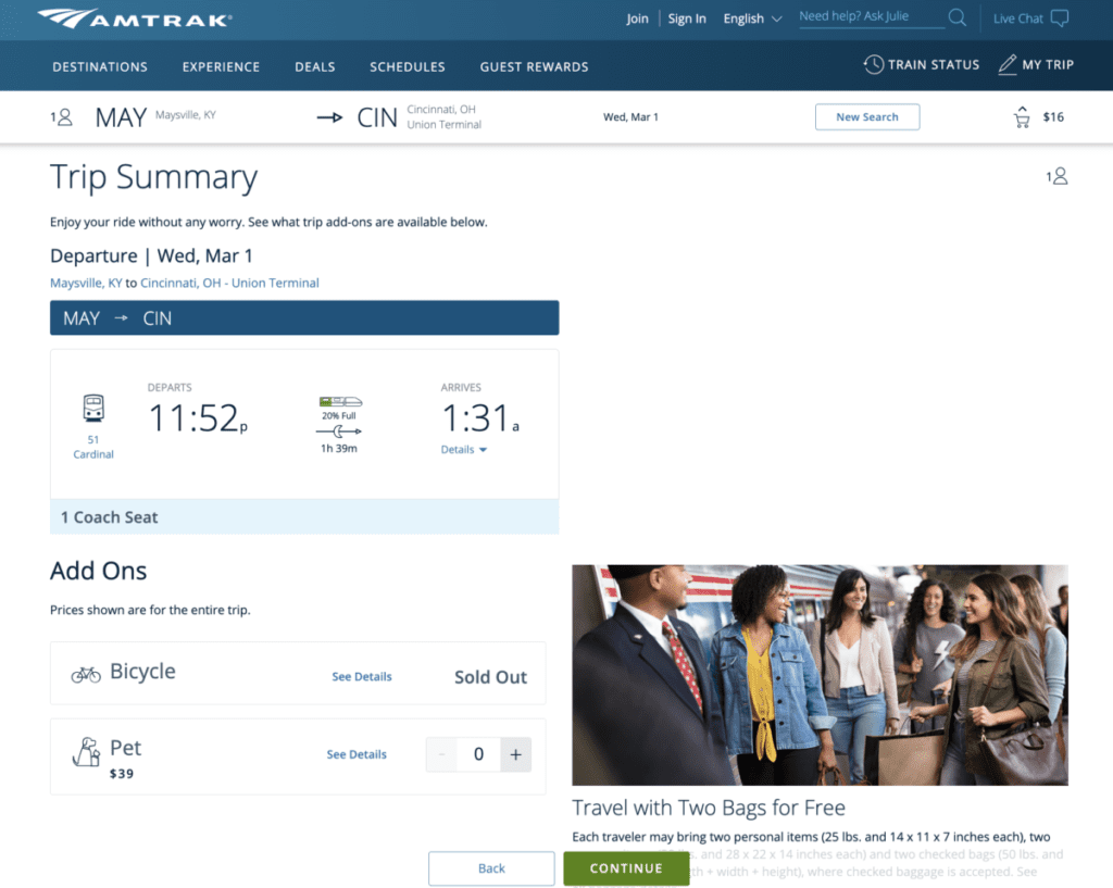 A screenshot of Amtrak’s website showing how to add a pet to your train ticket reservation